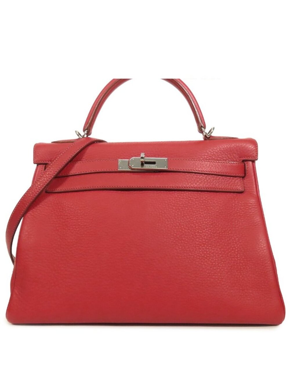 Hermes Kelly 32 Rouge Casaque Silver Taurillon Retourne 2-Way Shoulder Bag